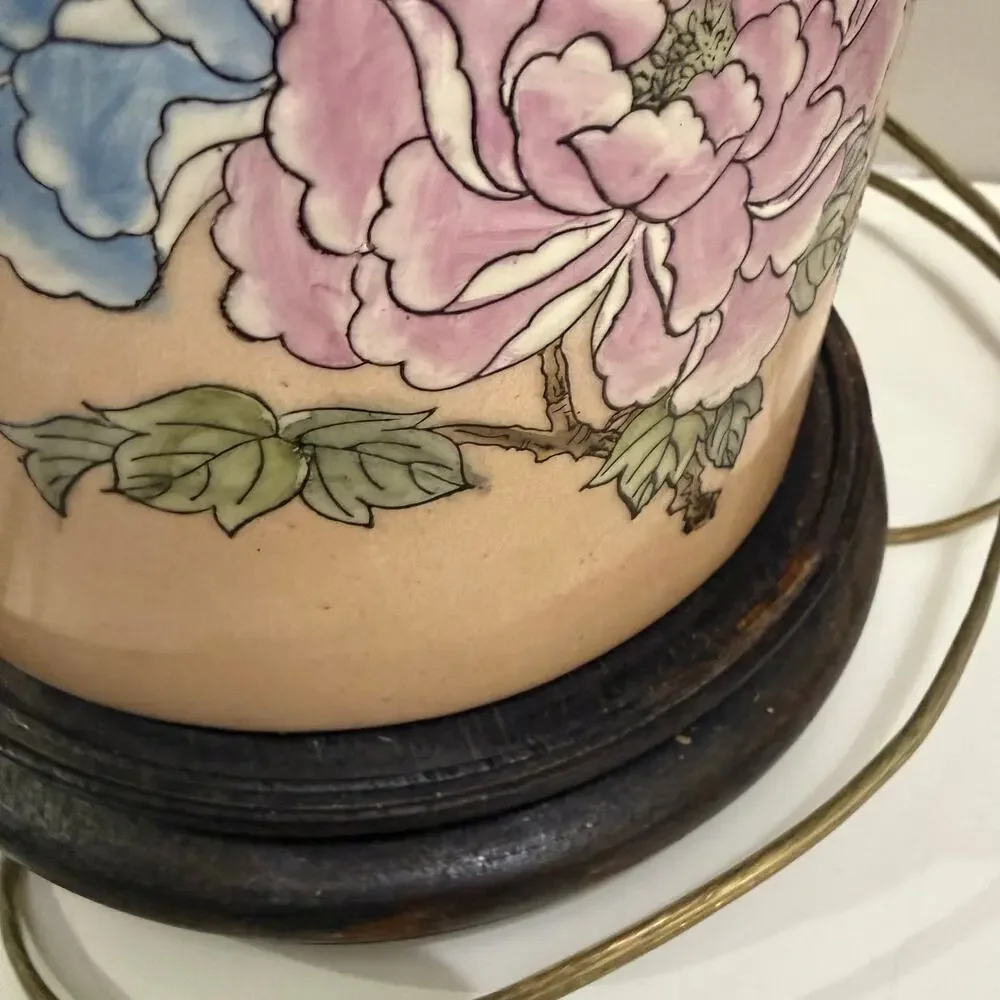 Chinese Ginger Jar Table Lamp Enamel Porcelain Pink Floral Bird Chinoiserie